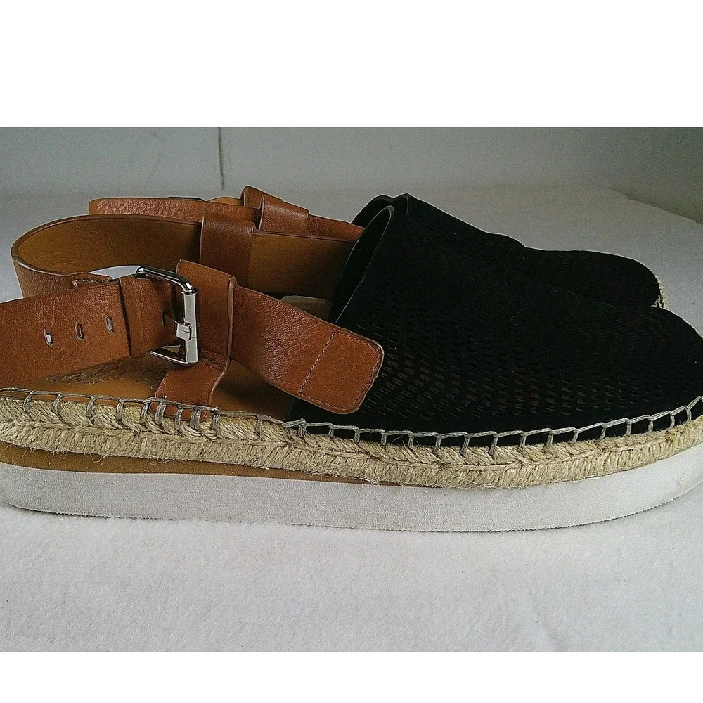 Vince Camuto Brettal Black Perforated Leather Espadrille Platform Sandals 8.5M